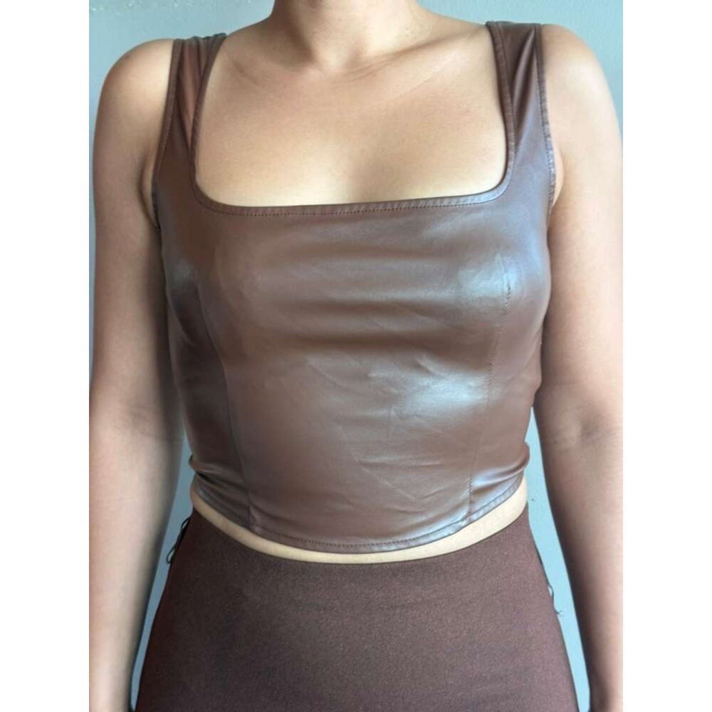 Brown Faux Leather Square-Neck Cropped Tank